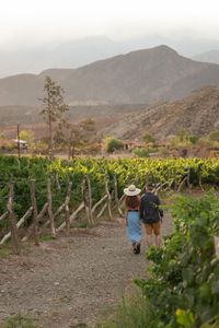 A couple walking along a vineyard path in Mendoza, Argentina, with mountains in the background.